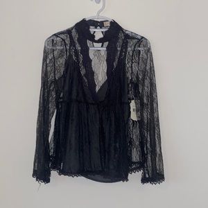 NWT Altar’d State Slate Gray Top Size S Lace Over Cami Sheer V Keyhole Choke